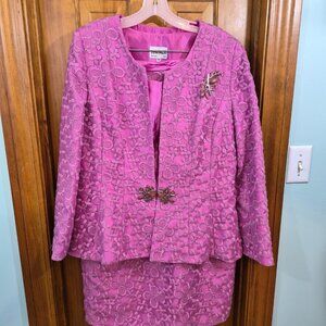 Lily & Taylor Pink Floral Church Suit Midi Length Skirt Brooch Size 14